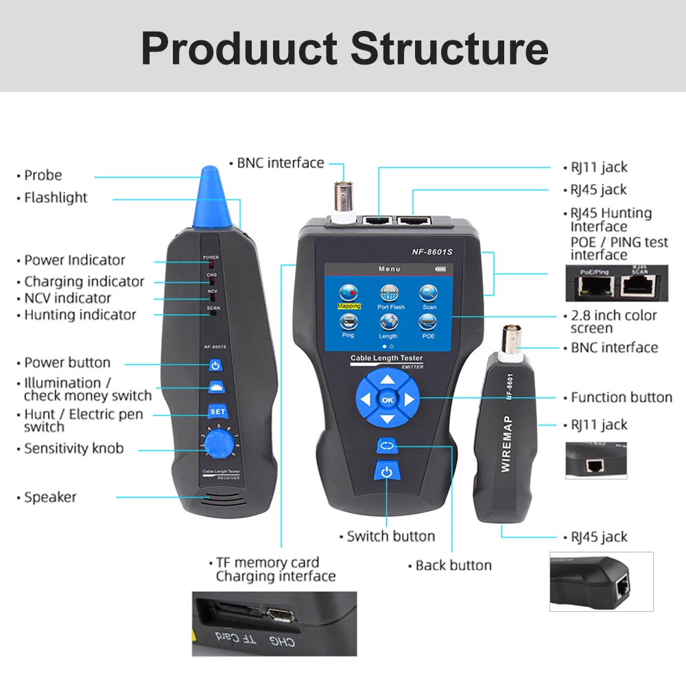 NOYAFA-probador de Cable multifunción TDR Enthernet, Rj45, Rj11, BNC, Cat5, Cat6, 6E, Cat7, POE, Lan, Cable de red Ping, NF-8601S