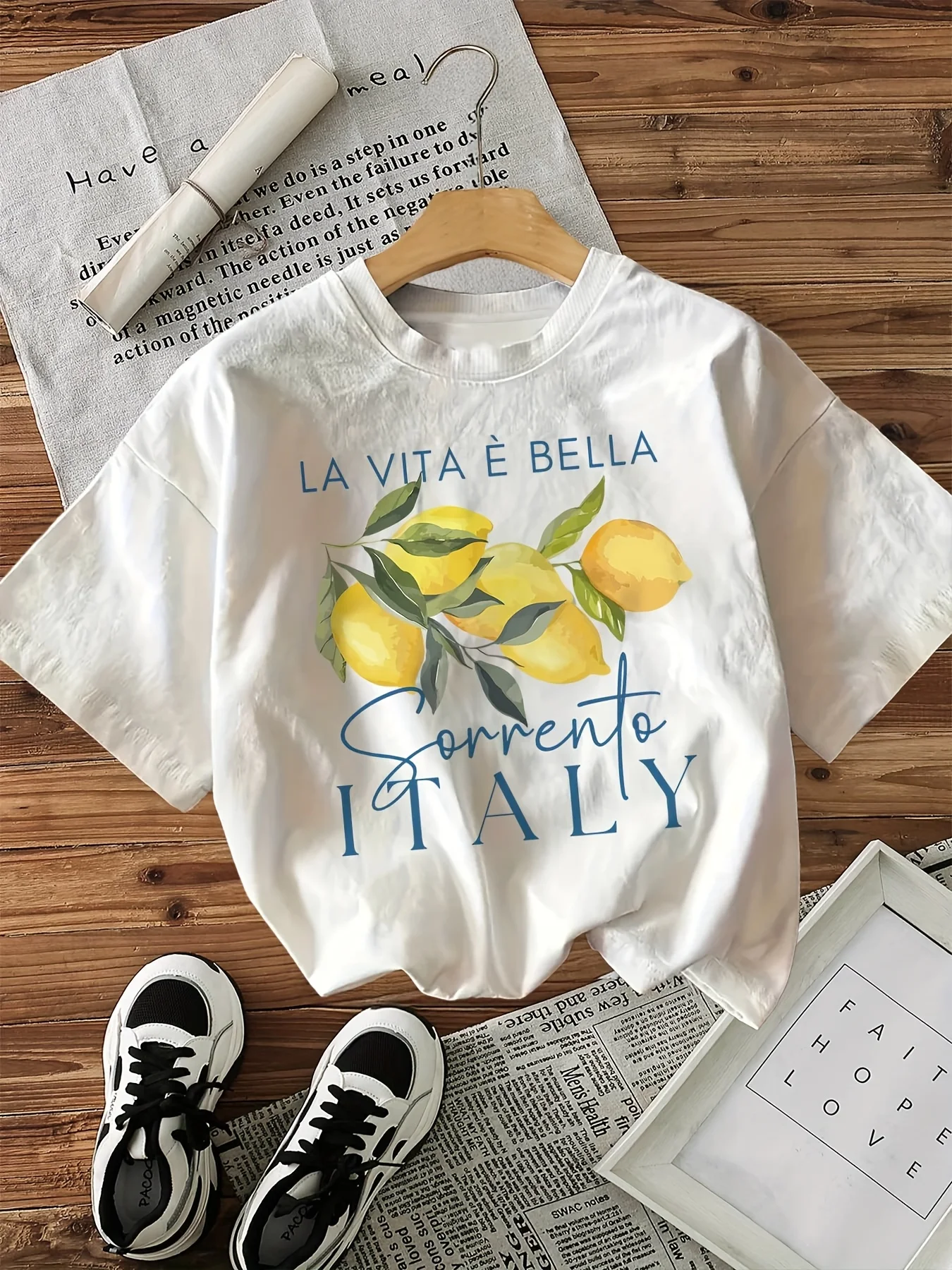 Camiseta holgada con estampado de limón para mujer, Top informal de manga corta con cuello redondo, 100% algodón, para verano y primavera