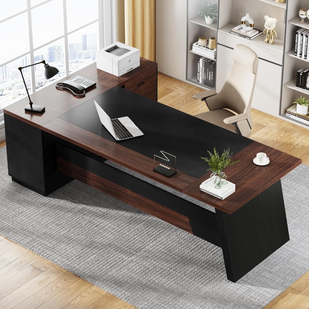 78" L-Shaped Executive Desk, Large Office Desk with Drawers and Lateral File Cabinet, Computer Desks