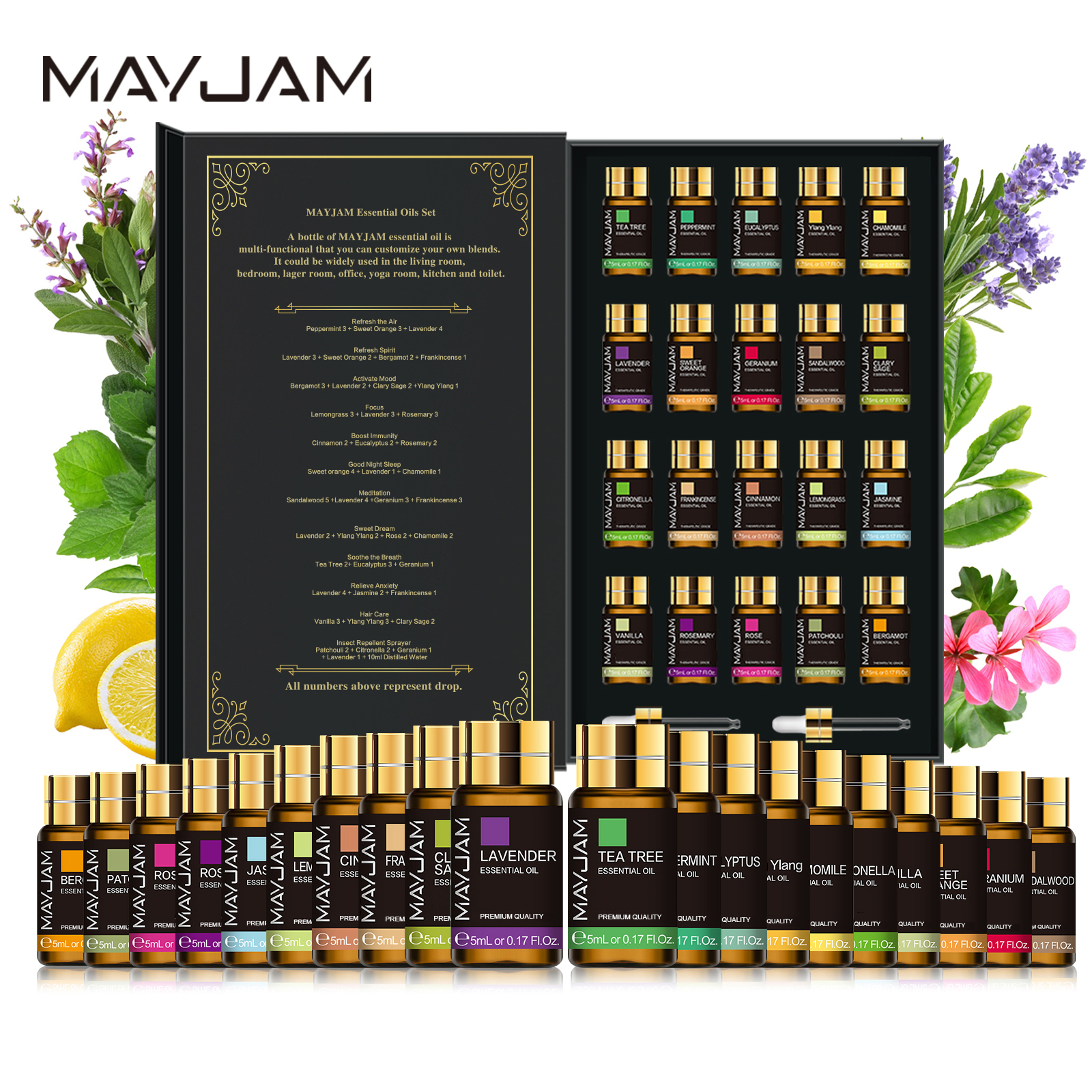 MAYJAM-Kits Pure Natural Essential Oils, Sândalo, Capim-Limão, Lavanda, Bergamota, Eucalipto, Alecrim, Difusor, Caixa de Presente, 20pcs