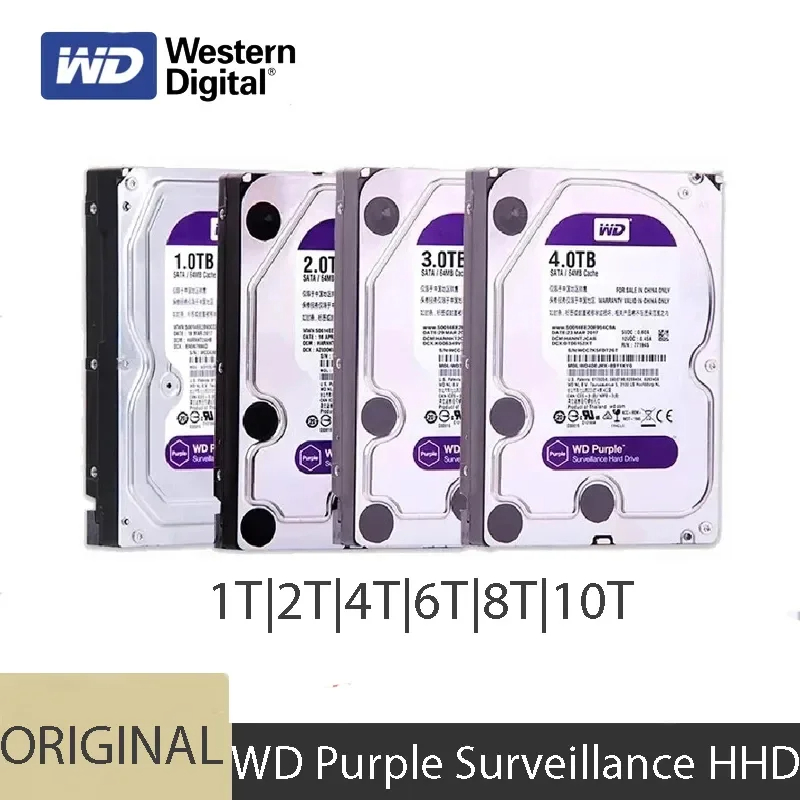 WD Фиолетовый внутренний жесткий диск для наблюдения 3,5 дюйма, 64 МБ кэш-памяти SATA III, 6 Гбит/с, 1 ТБ, 2 ТБ, 4 ТБ, 6 ТБ, жесткий диск HD для видеонаблюдения, видеорегистратора, NVR