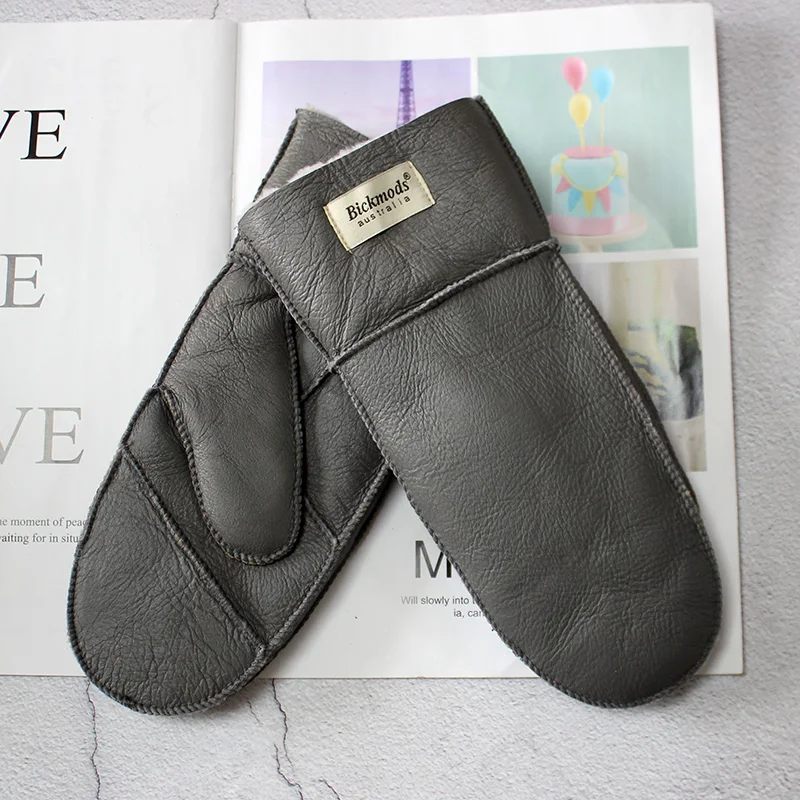Luvas de pele de carneiro femininas cor de lã de couro inverno calor espessamento ao ar livre à prova de frio menino estudante luvas à prova de vento