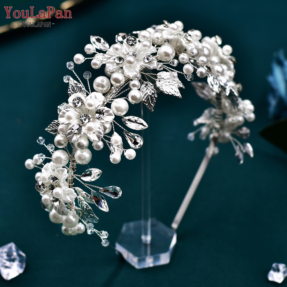 YouLaPan Braut Hochzeit Perle Kristall Kopfbedeckung Legierung Blätter Haarband Strass Stirnbänder für Frauen Blumenmädchen Kopfschmuck HP603