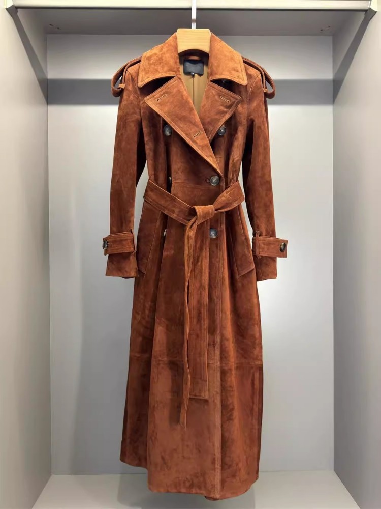 Italiaanse luxe dames lange echte koe suède leren jas met dubbele rij knopen en riem OL werk windjack geul lederen jas