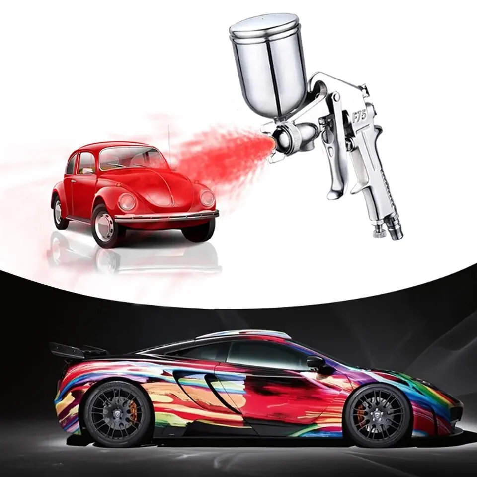 F-75 Spritzpistole, 1,5 mm Düse mit Tasse, silberner Griff, verstellbare Farbspritzpistole zum Malen von Automobil-Möbelteilen