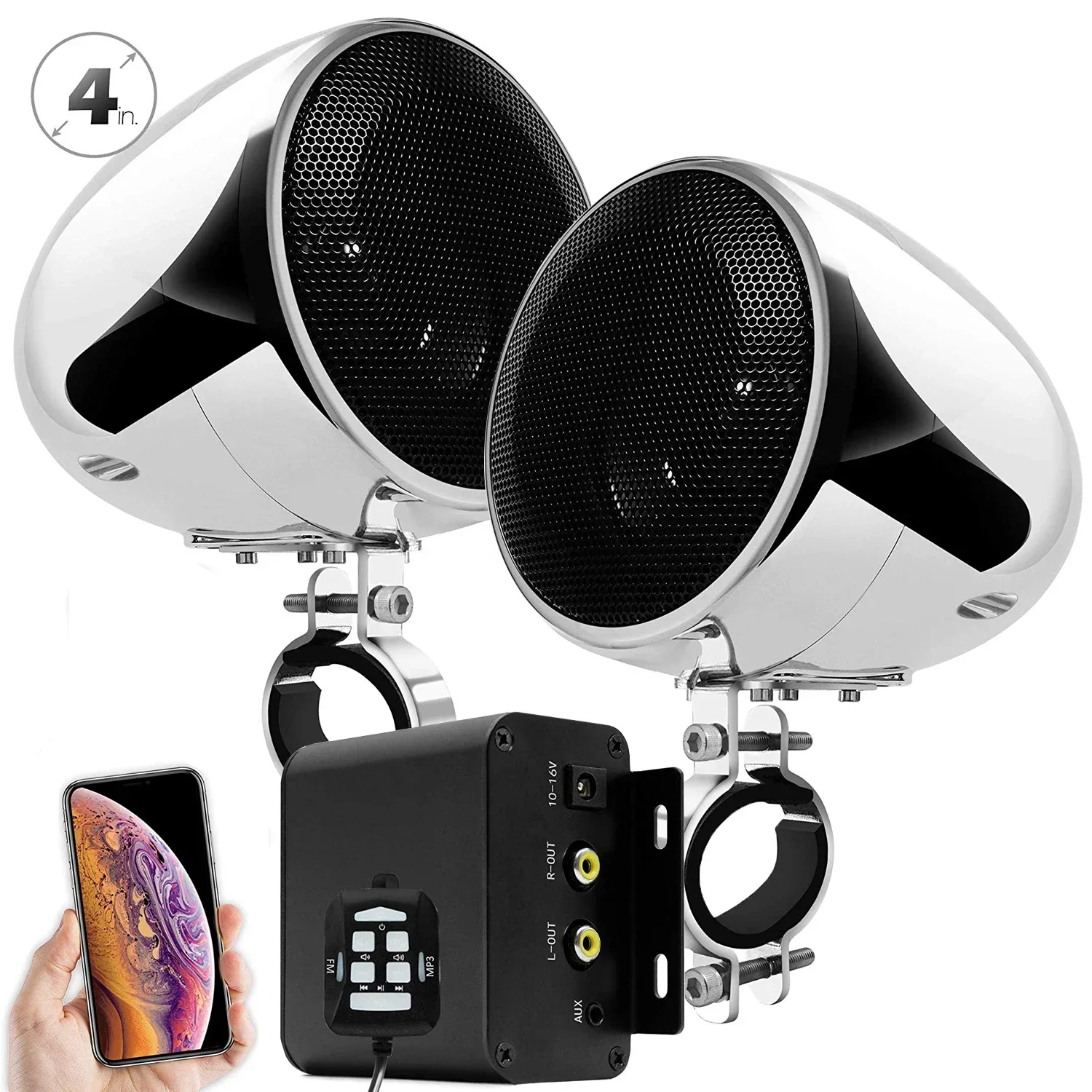 Sistema de audio para motocicleta de 150W y 2 canales con amplificador estéreo multimedia, altavoces impermeables de 4 pulgadas, Bluetooth, radio FM, AUX MP3