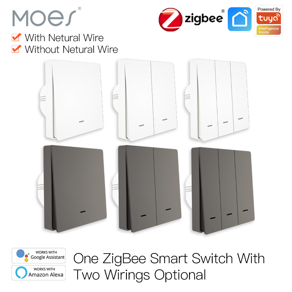 Moes interruptor de luz inteligente tuya zigbee sem fio neutro sem capacitor necessário vida inteligente 2/3 vias funciona com alexa google 2mqtt