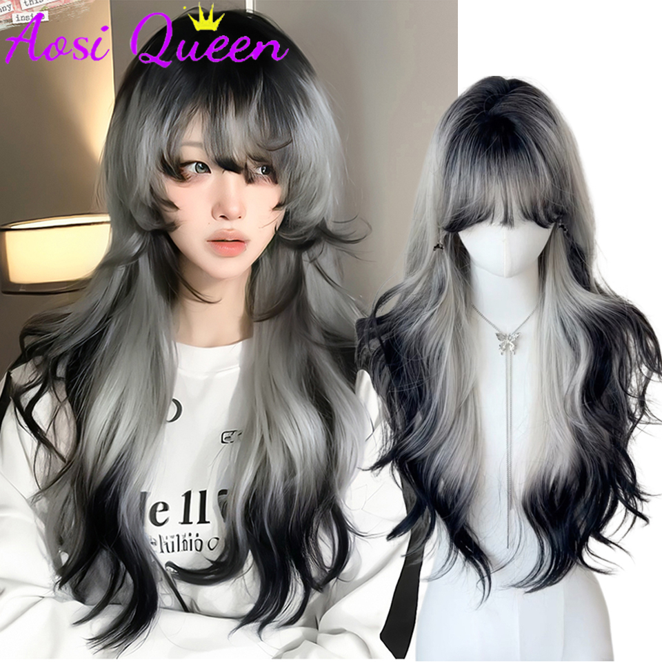 AOSI-pelucas de Cosplay con gradiente negro y gris, cuerpo largo ondulado, pelucas sintéticas resistentes al calor, flequillo, pelucas naturales de Lolita para mujer