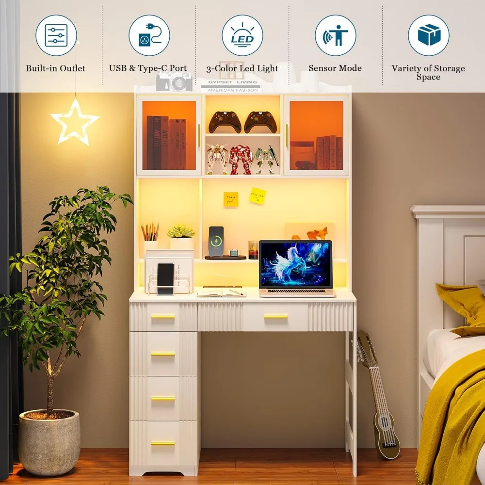 School Desks.LED Study Desk with Hutch and Drawer, Home Office Desk with Outlet, Computer Desk with Charging Station,