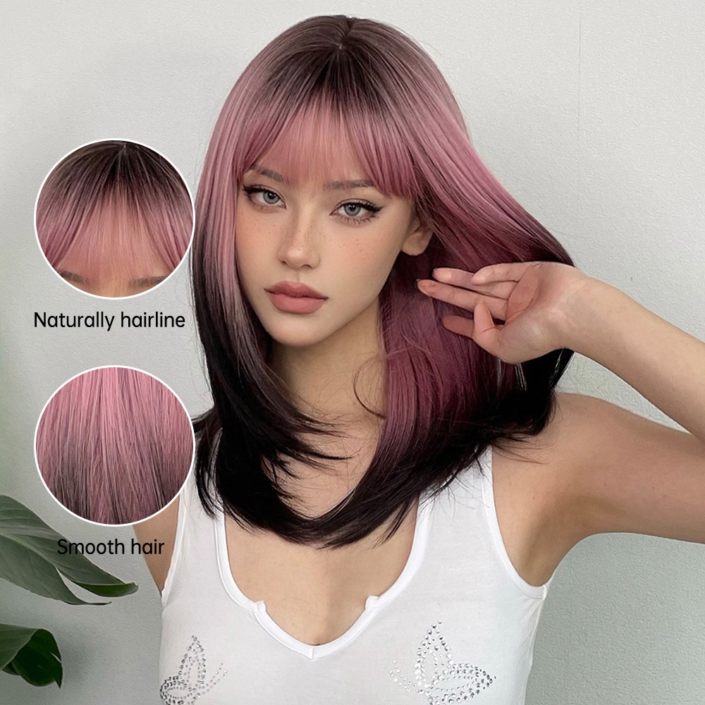 LOUIS FERRE Zwart Roze Ombre Synthetische Pruiken voor Cosplay Lange Rechte Gelaagde Pruiken met Pony voor Vrouwen Hittebestendige Nep Haar