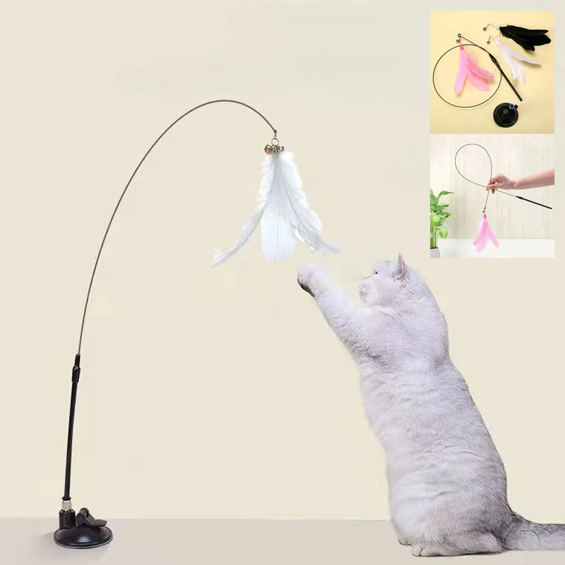 Kattenveerspeelgoed Teaser Feather Wand Interactief speelgoed Kattenspeelgoed met superzuignap Verwijderbaar 3PCS Feather Vervangingsspeelgoed