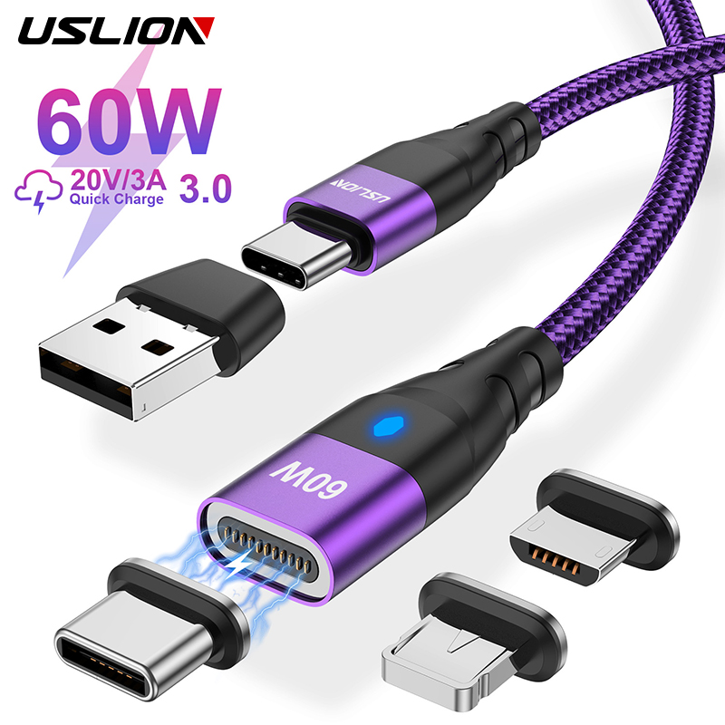 USLION 60 W PD Schnellladekabel USB C auf Typ C Micro Magnetisches Datenkabel 3A USB-Kabel für iPhone 13 MacBook Huawei Samsung S22