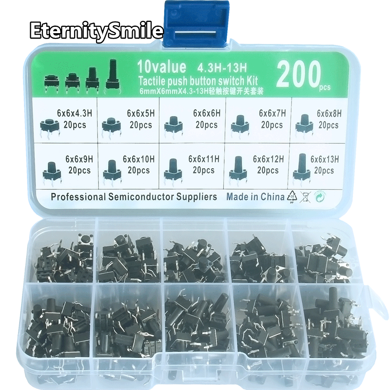 200 Teile/schachtel Tactile Push Button Switch Kit Touch 6*6*4.3/5/6/7/8/9/10/11/12/13 MM Taste 4 Pin DIP Key Micro Schalter Sets