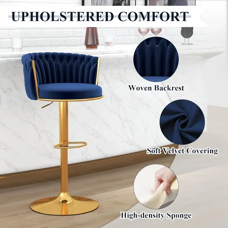 ABET Gold Bar Stools Set of 4, Velvet Woven Barstools, Swivel & Height Adjustable Counter Stools with Upholstered Backrest, Mode