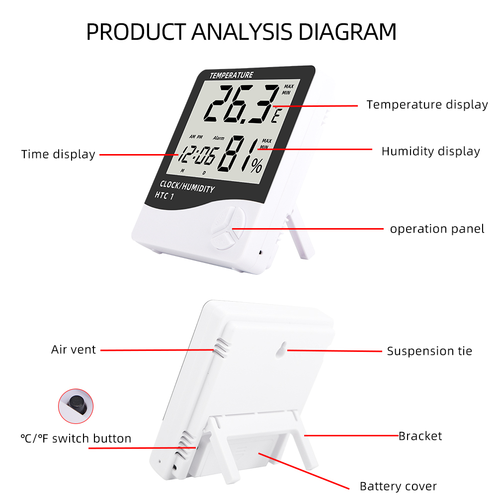 HTC-1 HTC-2 cyfrowy miernik temperatury i wilgotności elektroniczny LCD kryty higrometr termometr zewnętrzny stacja pogodowa z zegarem