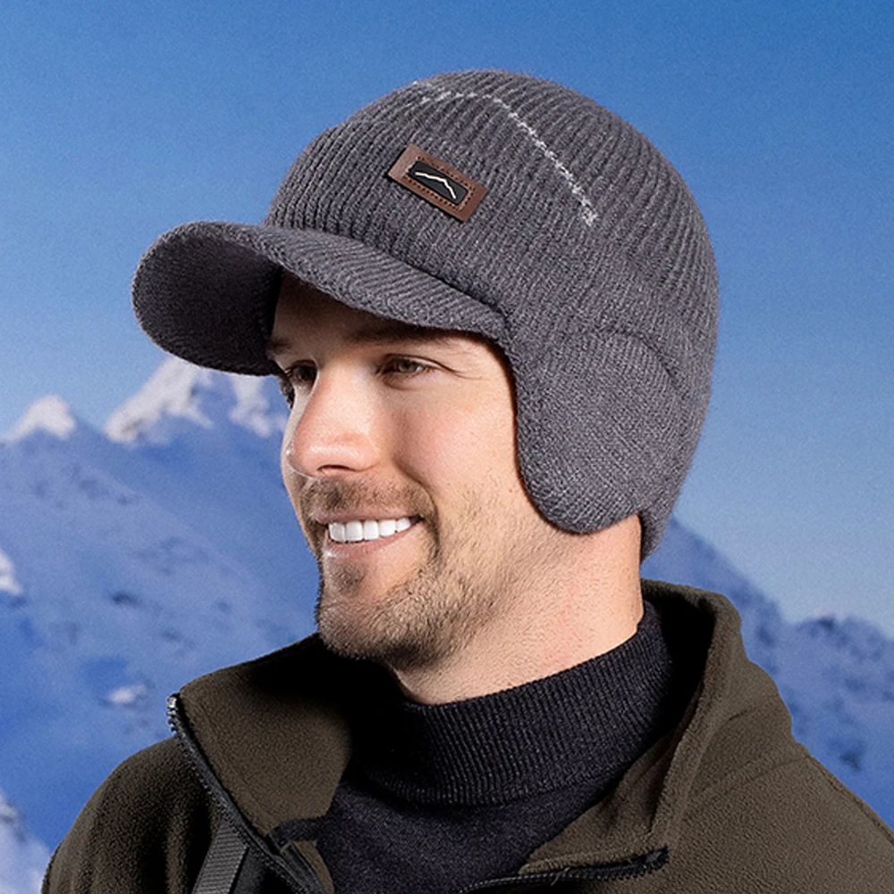 Gorros con visera para hombre, orejeras de punto para el calor, forro de lana gruesa, gorra de béisbol para esquí con calavera, conducción al aire libre en invierno