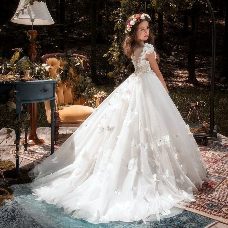 Robes de fille de fleur blanche élégante pour mariage Tulle papillon 3d Applique enfants fête d'anniversaire robe de concours robe de première Communion