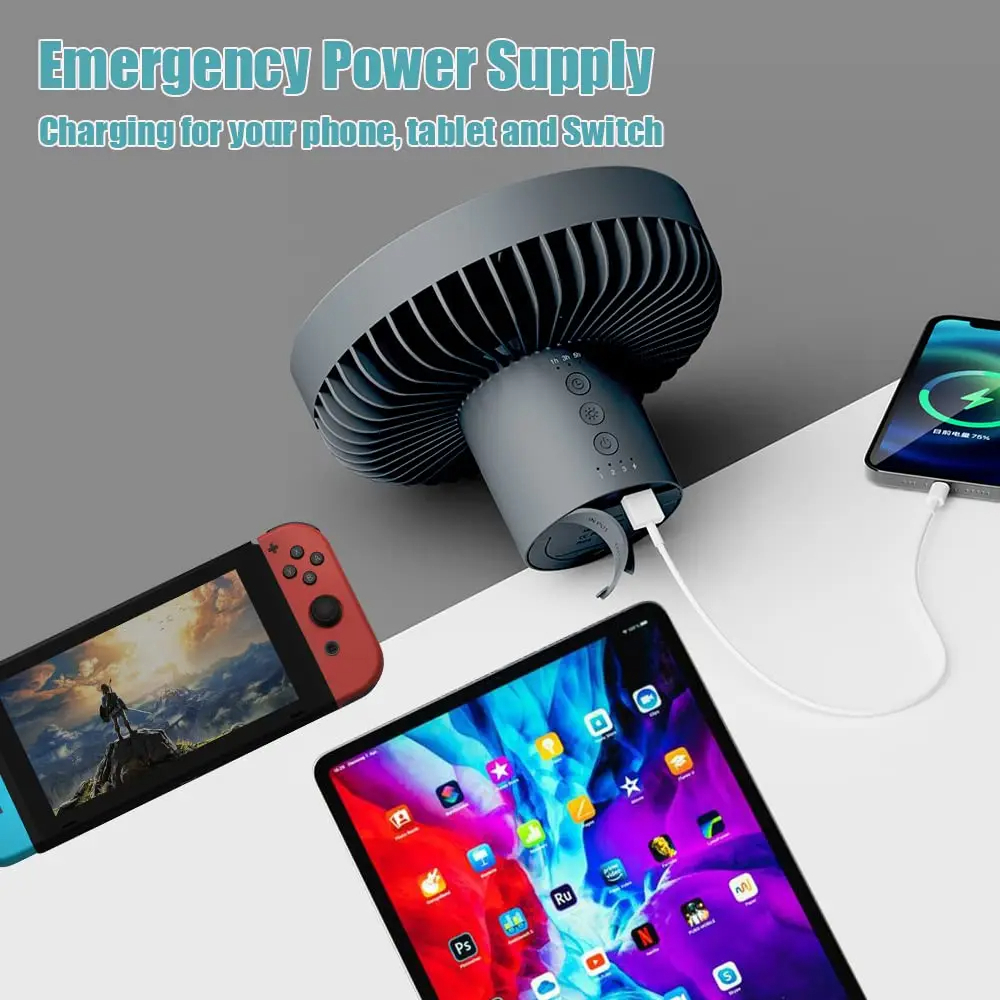 10000 mAh Camping-Ventilator, wiederaufladbar, tragbarer Desktop-Zirkulator, kabelloser elektrischer Deckenventilator mit Powerbank-LED-Beleuchtung