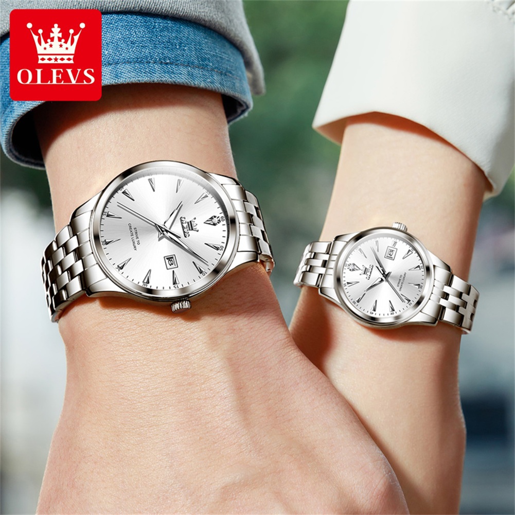 OLEVS-reloj de cuarzo de acero inoxidable para hombre y mujer, cronógrafo de Pulsera Original, resistente al agua, para pareja