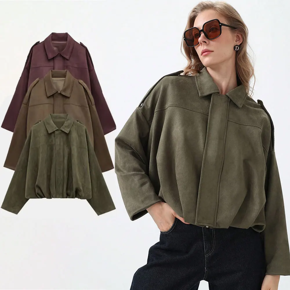 HH Jaquetas bomber femininas casaco de camurça moda gola virada para baixo manga comprida casacos soltos vintage feminino outerwear chiques tops