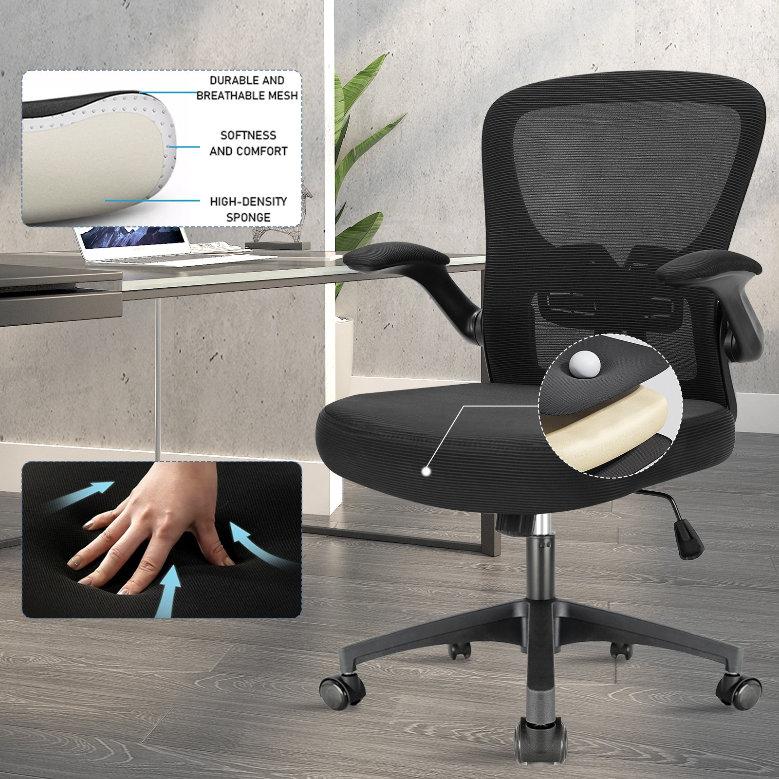 Sedia da ufficio ergonomica Durrafy, con braccioli pieghevoli, con supporto lombare regolabile, sedia direzionale con capacità di carico di 135 kg,