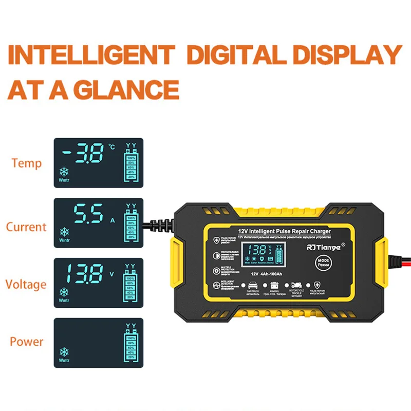 Ładowarka samochodowa 12V 6A Pulse Repair LCD Display Smart Fast Charge AGM Deep Cycle GEL Lead-Acid Charger For Auto Motorcycle