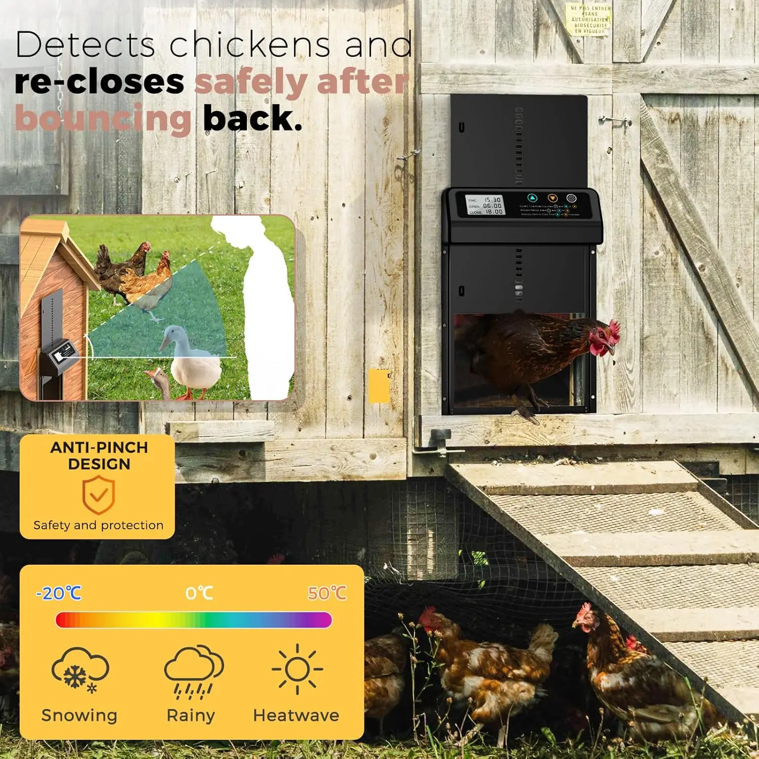 Porta automática de galinheiro, porta automática de liga de alumínio com design anti-pitada, temporizador + display LCD para casas de aves, longe