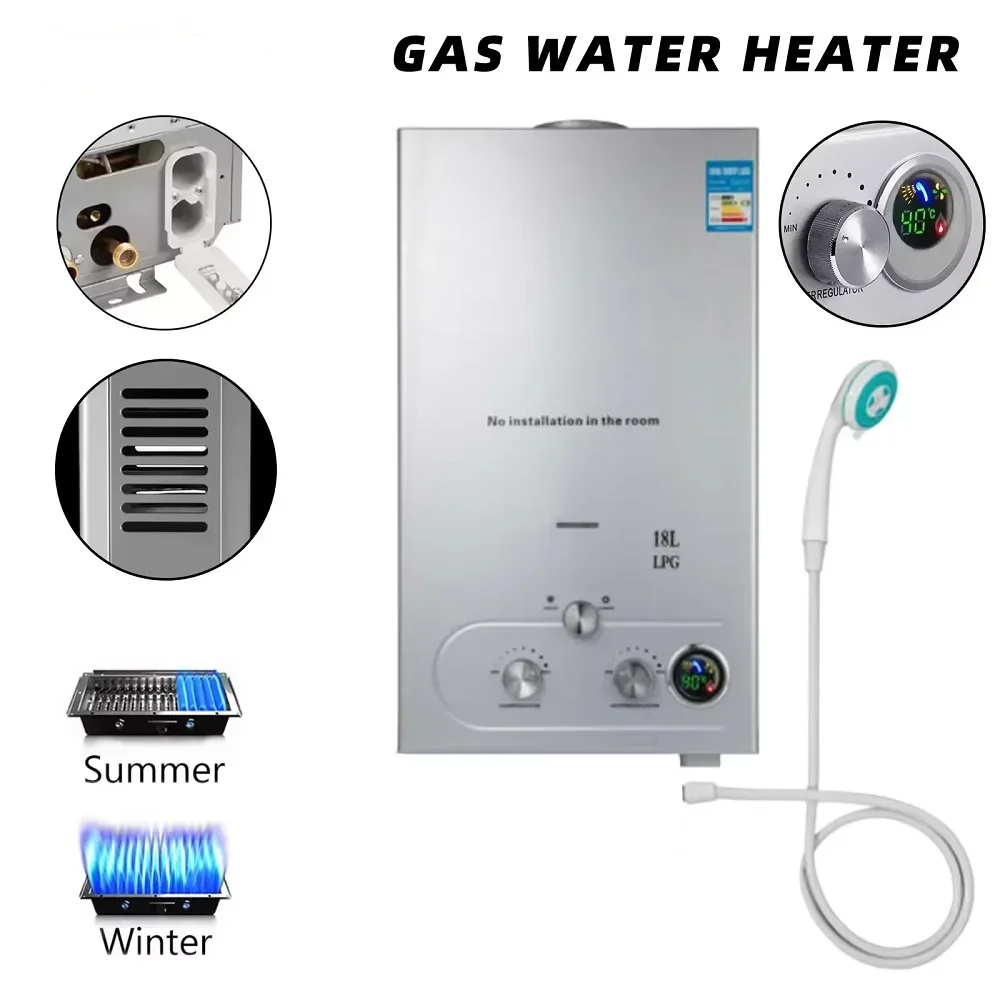 VEVOR 6L 8L 10L 12L 16L 18L GPL Scaldabagno portatile in stand Gas propano GPL Scaldabagno senza serbatoio a parete Display digitale