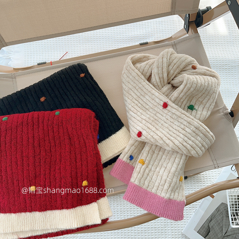Bufanda tejida de lana para niños con puntos de colores, babero para estudiantes con sentido avanzado, babero para niños y niñas, cálido para bebés de invierno 24W015