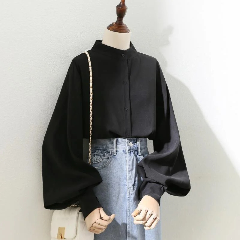 Vrouw Lente Herfst Stijl Blouses Shirt Dame Lange Lantaarn Mouw Opstaande Kraag Losse Blusas Tops
