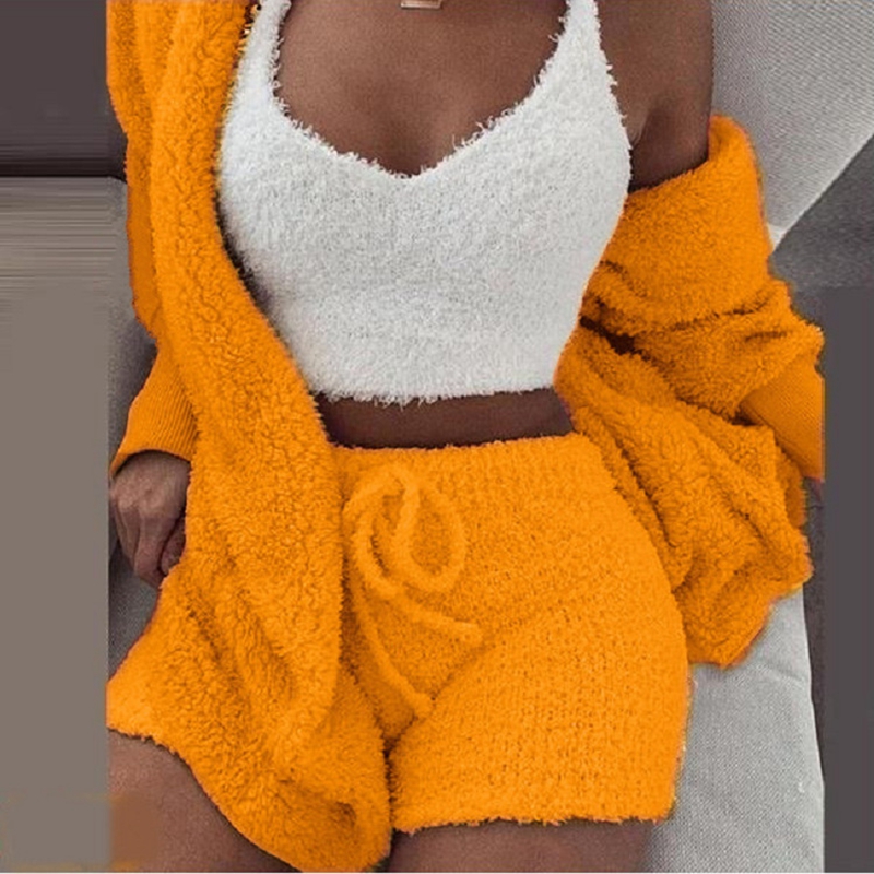 Conjunto de Pijamas esponjosos para mujer, ropa de dormir informal, camiseta sin mangas y pantalones cortos, Sudadera con capucha de talla grande, traje de casa de ocio, Pijamas de invierno de 3 piezas