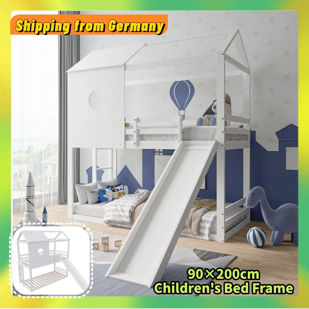 Comanlai Letto per bambini in legno 90x200 cm, Letto per casa con scivolo e scale, Letto a castello con protezione anticaduta, Letto singolo in legno massello