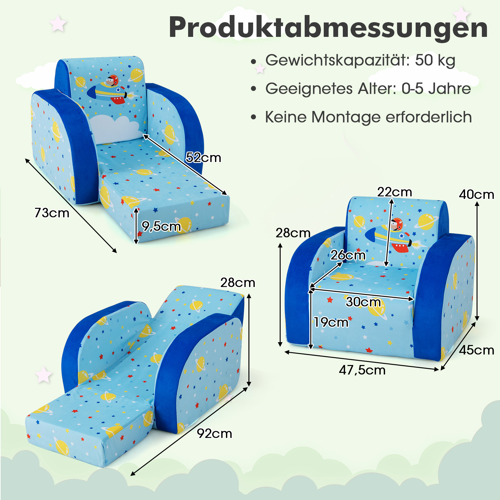 3 in 1 Kindersofa Klappbar,Kindersessel gepolstert aus Samtstoff, Kinderschlafsofa mit Abnehmbarer Schutzhülle, Kindercouch