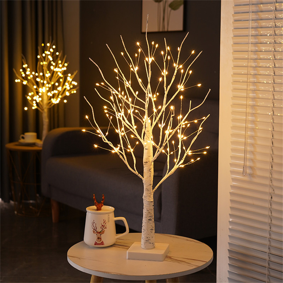 Simulación LED de árbol de abedul para dormitorio, sala de estar, decoración de fiesta, batería, USB de doble uso, ambiente cálido y romántico ·