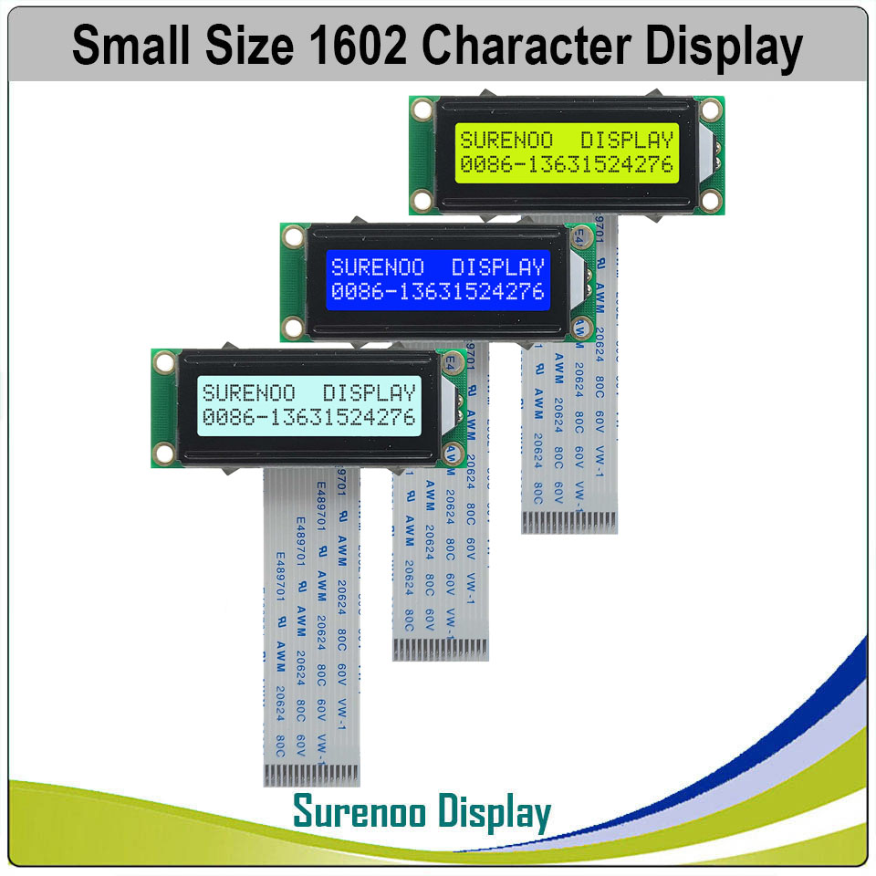 Surenoo 162 16 x 2 1602 kleiner Zeichen LCD-Modul-Anzeigebildschirm LCM STN Gelb Grün Blau Negativ Weiß Gelb LED-Hintergrundbeleuchtung