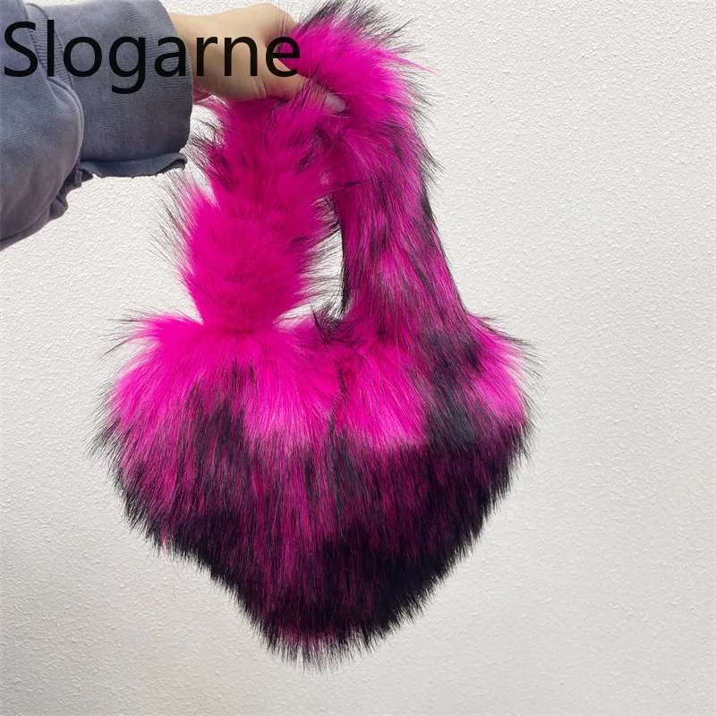Mode Flauschige Totes Tasche Frauen Luxus Pelz Handtaschen Mädchen Faux Pelz Schulter Tasche Nette Pelzigen Liebe Winter Pelz Tasche Geldbörse Neue Designer