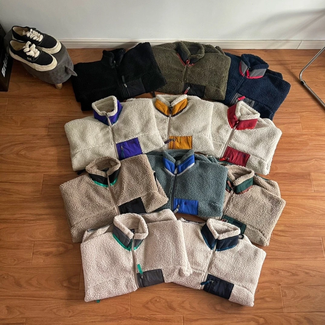 Veste unisexe en polaire d'agneau coupe ample – Col montant, multicolore, manteau polaire chaud avec poches rétro contrastées pour un usage décontracté