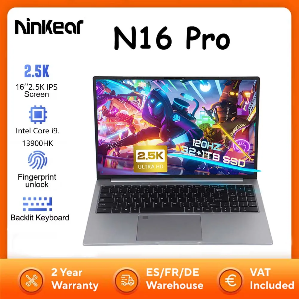 Ninkear N16 Pro Laptop 32GB 1TB Intel Core 19-13900HK 16'' 2.5K IPS 120Hz Computer da gioco 57.75Wh Notebook con sblocco delle impronte digitali