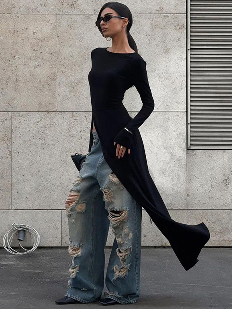 Trendix Schwarzes asymmetrisches Maxikleid für Damen, O-Ausschnitt, lange Ärmel, trendiges, schickes Top, Club-Party, Kleider mit hohem Seitenschlitz, Herbst