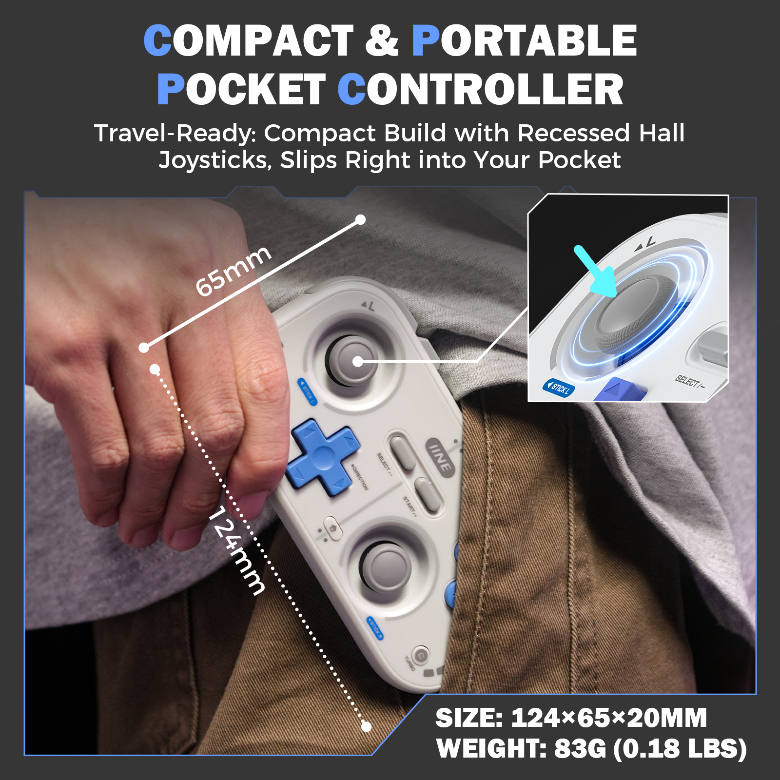 IINE Retro Pocket Game Controller /Compact & Portable Hall Joysticks + 1000Hz Recessed Joystick Designed Customizable Controls M