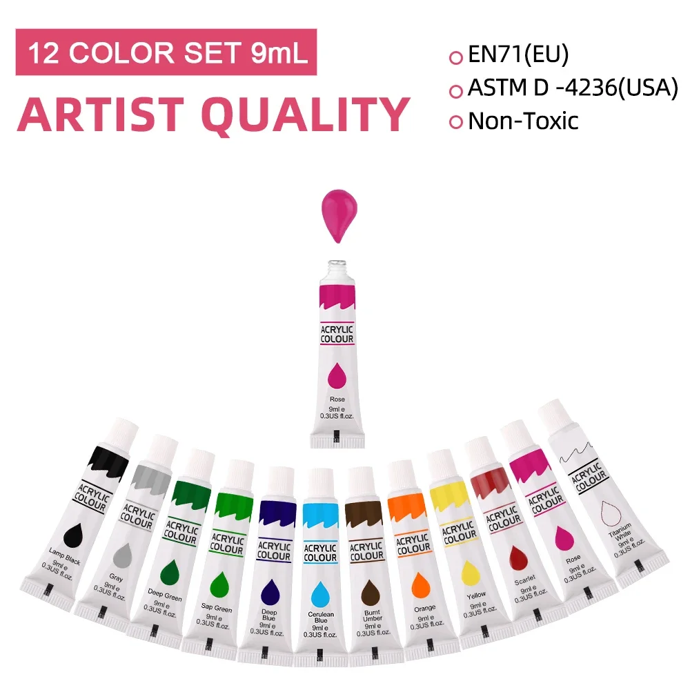 9mL, 학생 미술용 아크릴 안료, 낙서 그림, DIY 안료, 손으로 그린 ​​벽, 12가지 색상, 도매