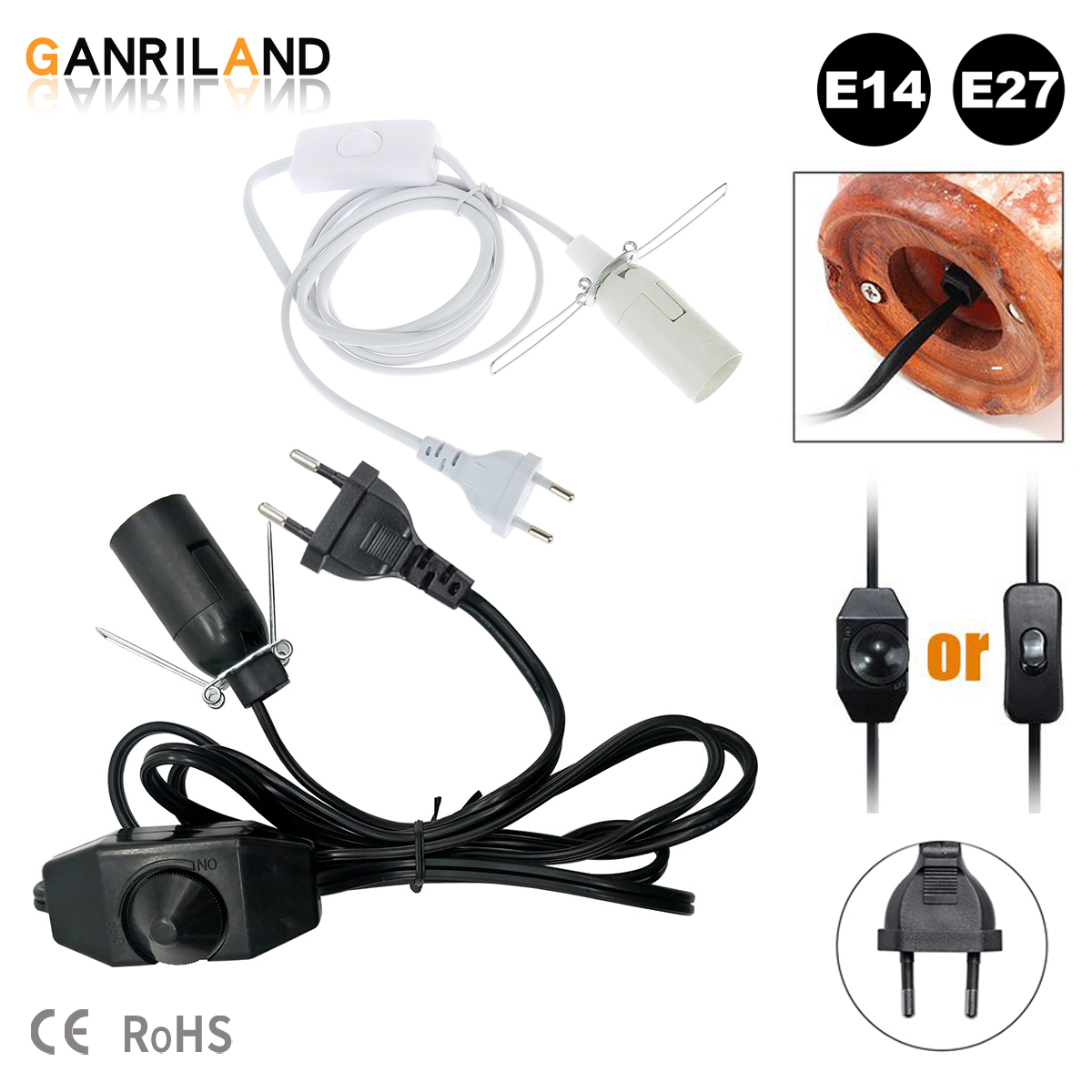 GANRILAND Lampenkabel, EU-Stecker, E14 E27-Buchse, 1,8 m, dekorativer schwarz-weißer Lampenfassung mit Schalter, Dimmer, elektrisches Stromkabel