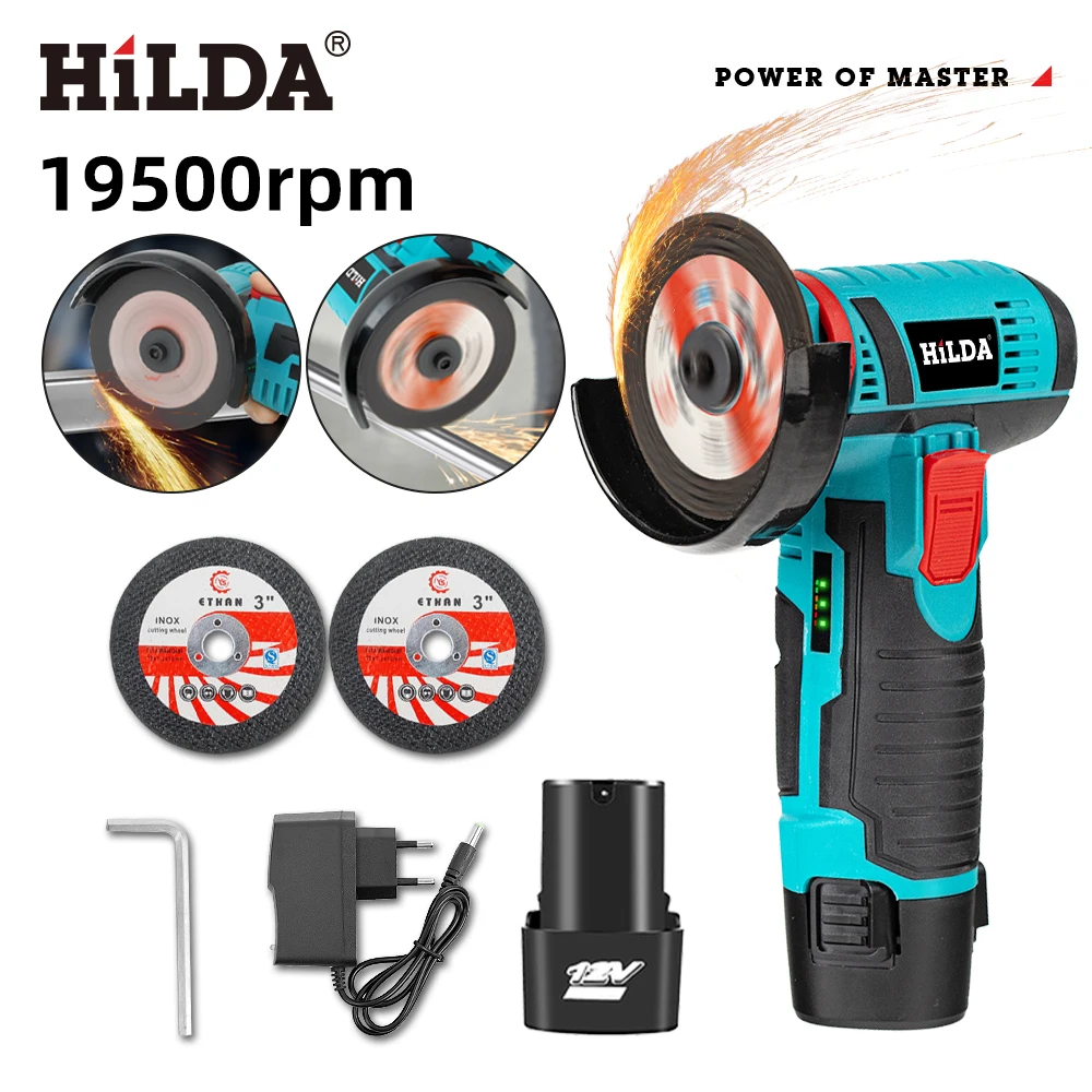 HILDA-Mini amoladora angular de 3 pulgadas, herramienta eléctrica inalámbrica de 12v para cortar, pulir y moler diamante, amoladora angular recargable