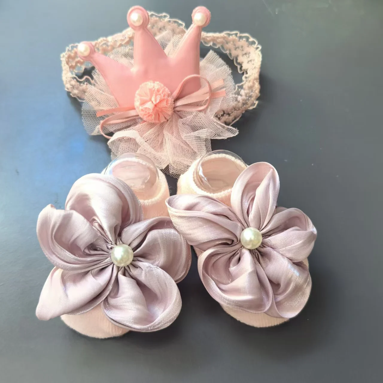 Conjunto de meias para cabeça de bebê, faixa de cabeça macia e confortável, faixa de cabeça com flor de coroa de bebê, meias de barco para crianças, meias de chão