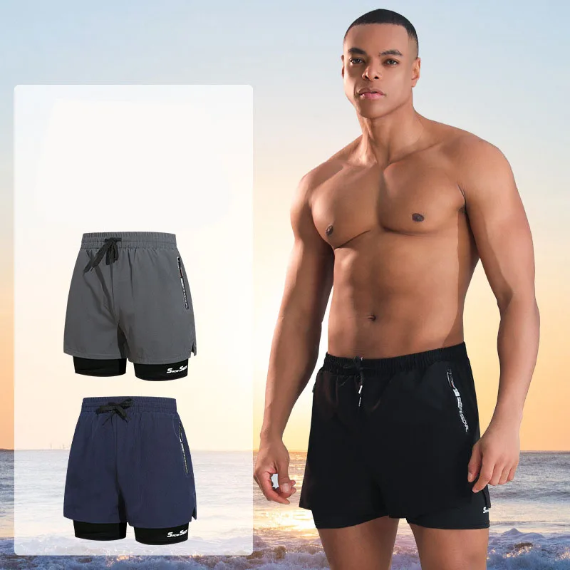 Bañadores de doble capa para hombre, bañadores antivergüenza de secado rápido para adultos, ángulo plano, pantalones de playa, Kit de natación para Spa
