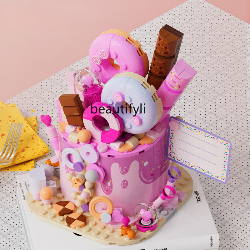 子供のためのバースデーケーキビルディングブロックモデル,手作りの装飾品,組み立てられたおもちゃ,女の子へのギフト