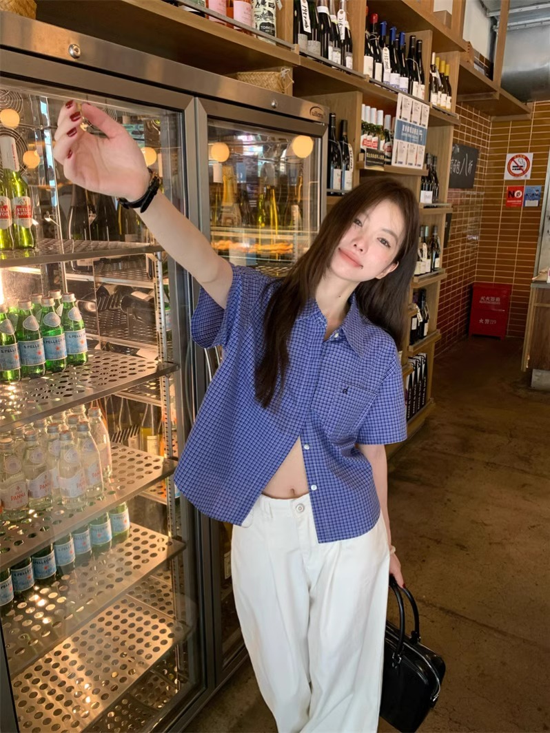 Csa Casual Azul de Manga Curta para Mulheres, Estilo Retro Americano, Nova Csa com Botões em Fibra de Poliéster