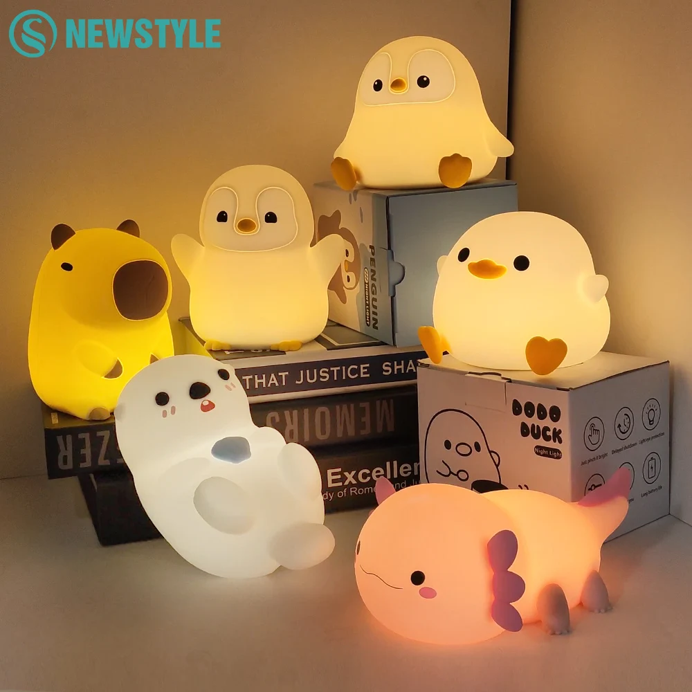 Bonita luz nocturna de capibara de pato para niños, lámpara de noche de silicona con animales para guardería, luz nocturna con Control táctil, recargable al lado de la lámpara