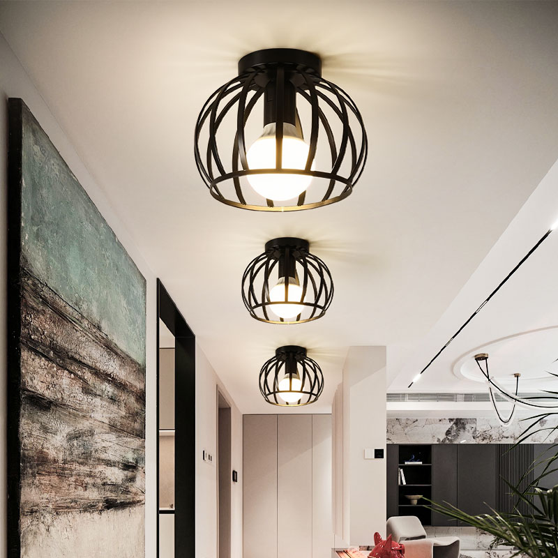 Luces de techo Vintage E27, lámparas de techo para pasillo, vestíbulo, jaula interior de Metal negro, candelabro, accesorios de iluminación para el hogar