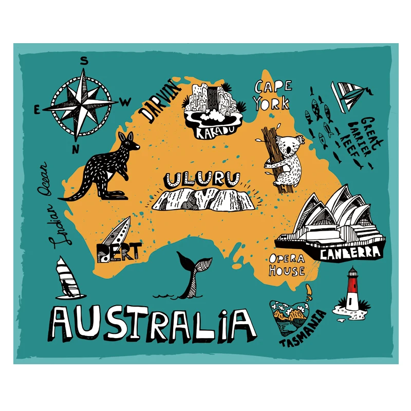 Mapa con ilustración de Australia, tamaño de póster, decoración de pared, mapa grande de Australia, 80x66, resistente al agua y al desgarro